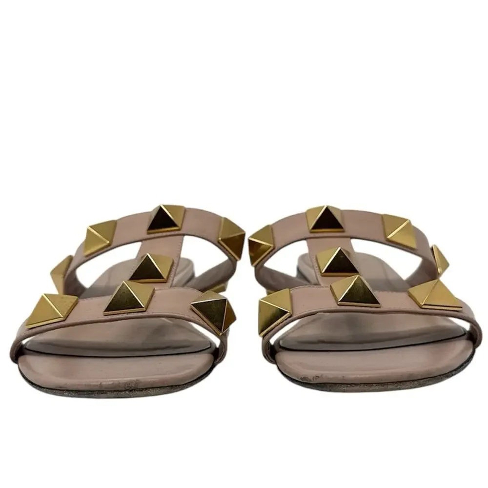 Valentino Garavani Roman Stud Flat Slide Neutral Nude Beige Sandals Size 37
